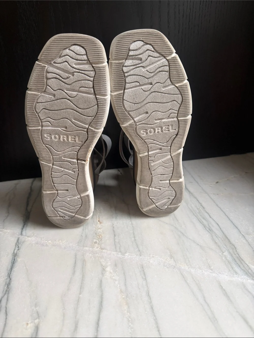 Sorel Taupe Strappy Wedge Sandals with Wood-Look Platform